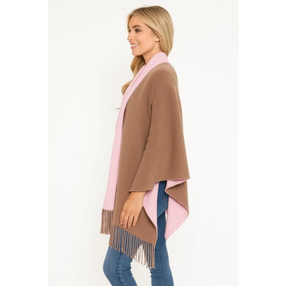 Cozy Brown Pink‎ Reversible Fringe Wrap Shawl Cardigan Poncho Women